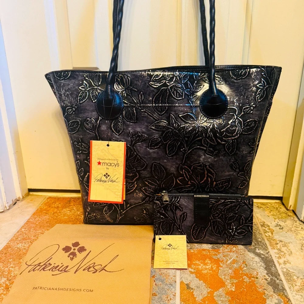 NWT! Elegant Patricia Nash Eastleigh Blackw/Silver Leaf Embossed Leather Tote! - Picture 3 of 15